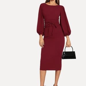 Lantern Sleeve Midi Dress With Belt